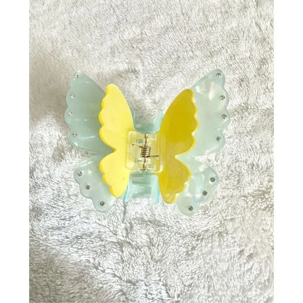 Yellow Light blue rhinestone butterfly hair claw